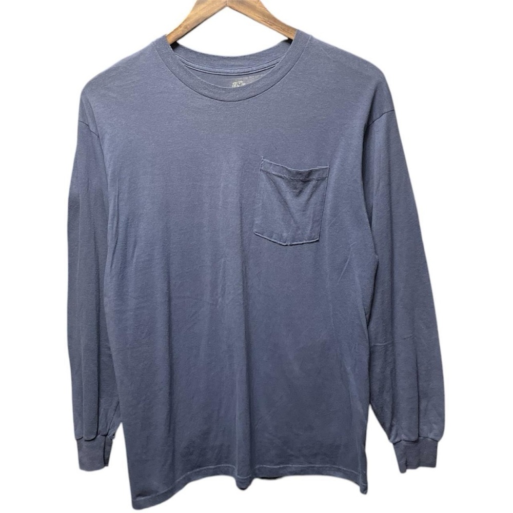 plain blank blue fruit of the loom front pocket long sleeve crewneck T-shirt